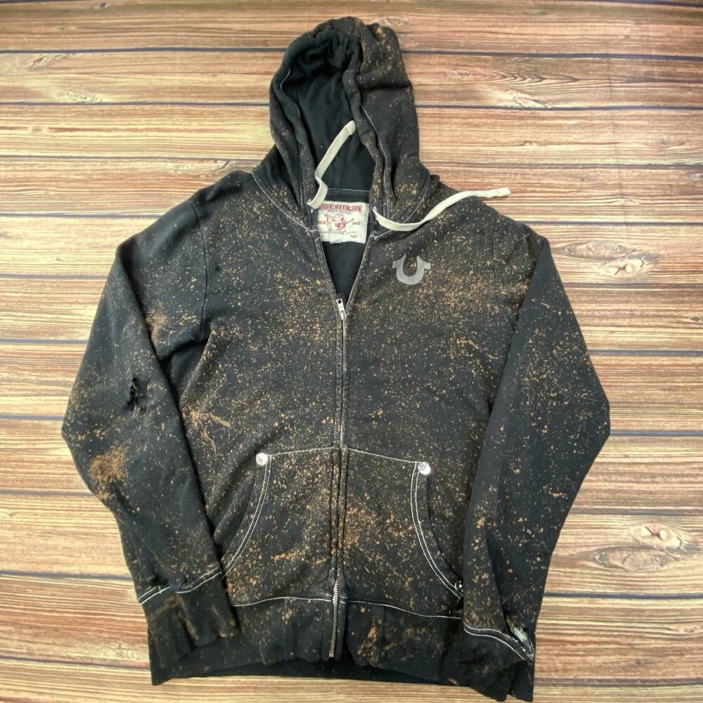 True Religion Men’s Sz M World Tour Zip Up Hoodie Black Bleach Splatter Distress